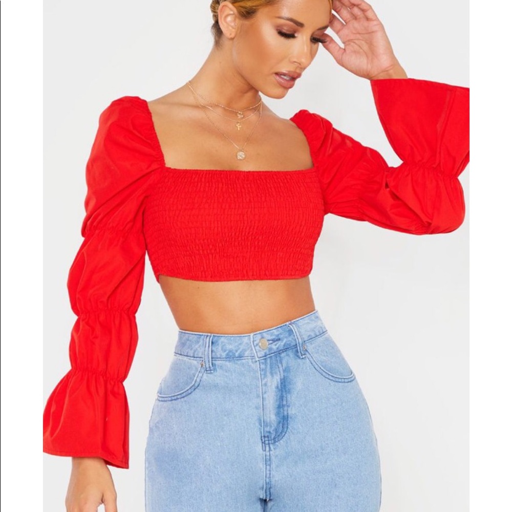 Red Ruched Long Sleeve Crop Top